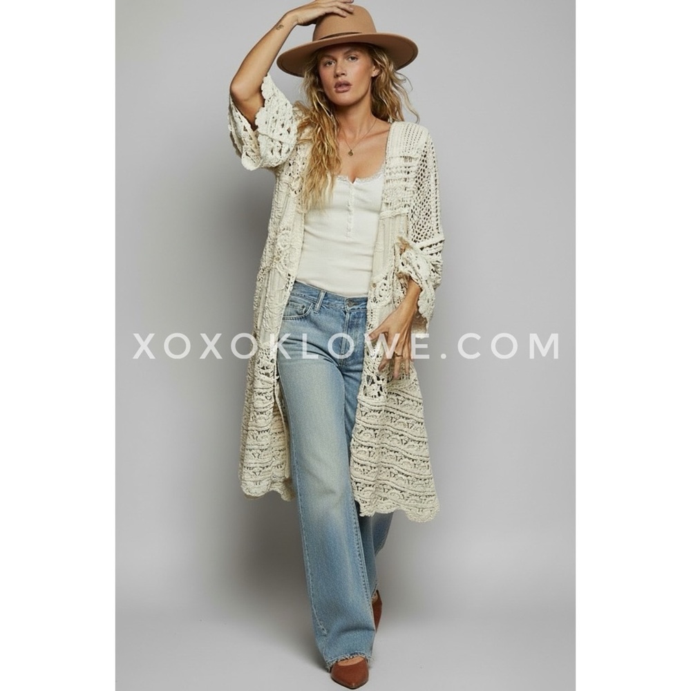 POL Cream Chenille Crochet Duster Cardigan | Long Open Knit Embroidered Boho - Picture 10 of 10